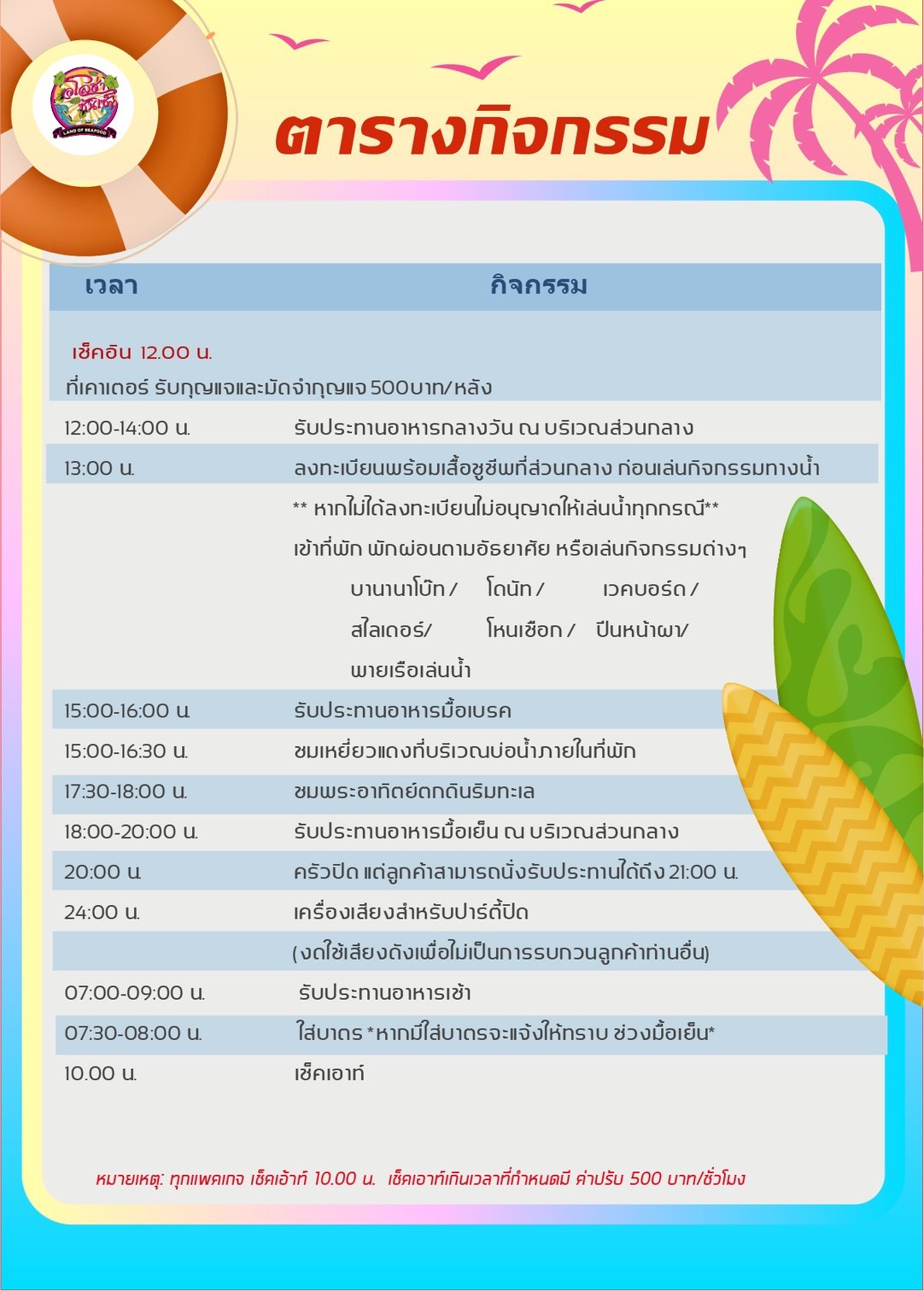 โปสเตอร์ตารางกิจกรรม Aloha Sunset ที่ใช้เป็นแหล่งข้อมูลเวลา