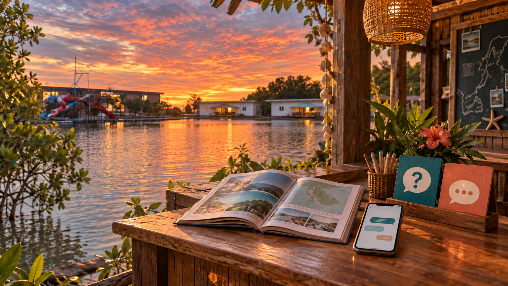 มุมคู่มือและช่องทางสอบถาม โดยมีวิวที่พัก Aloha Sunset ริมน้ำอยู่ด้านหลัง